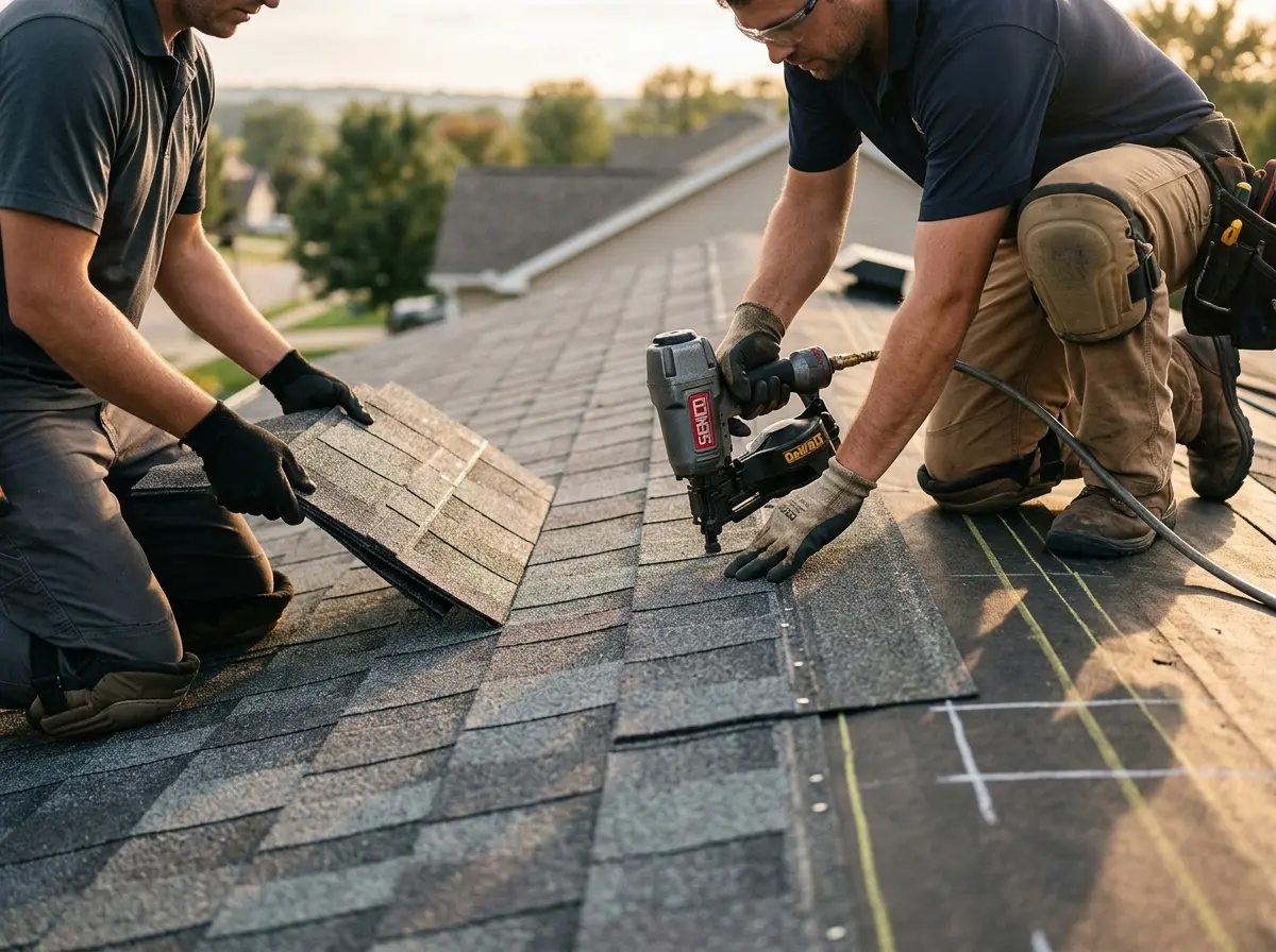 Professional roofer working on a residential roof in Albany